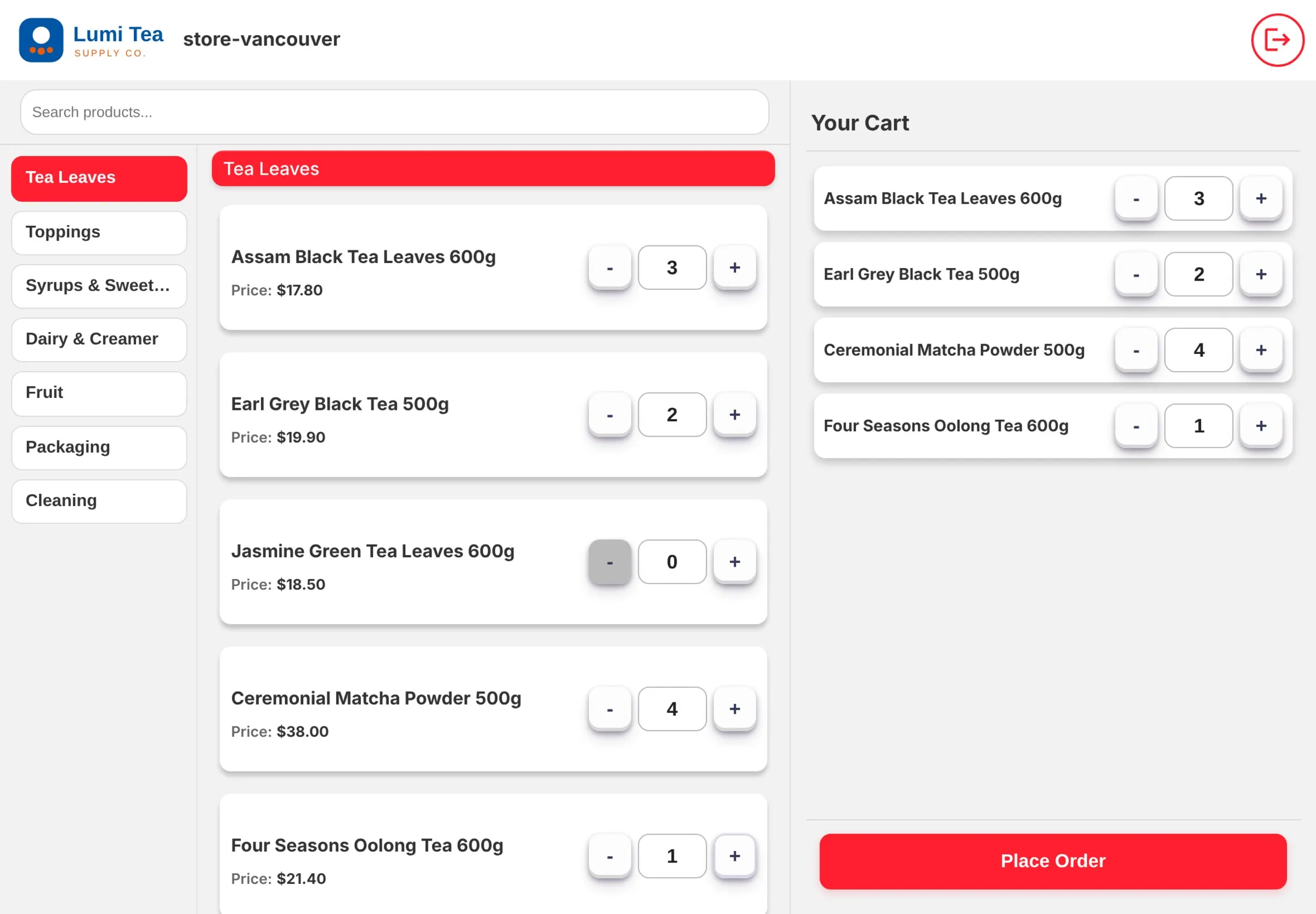 The store ordering screen on an iPad: categories on the left, products in the middle, the cart on the right.
